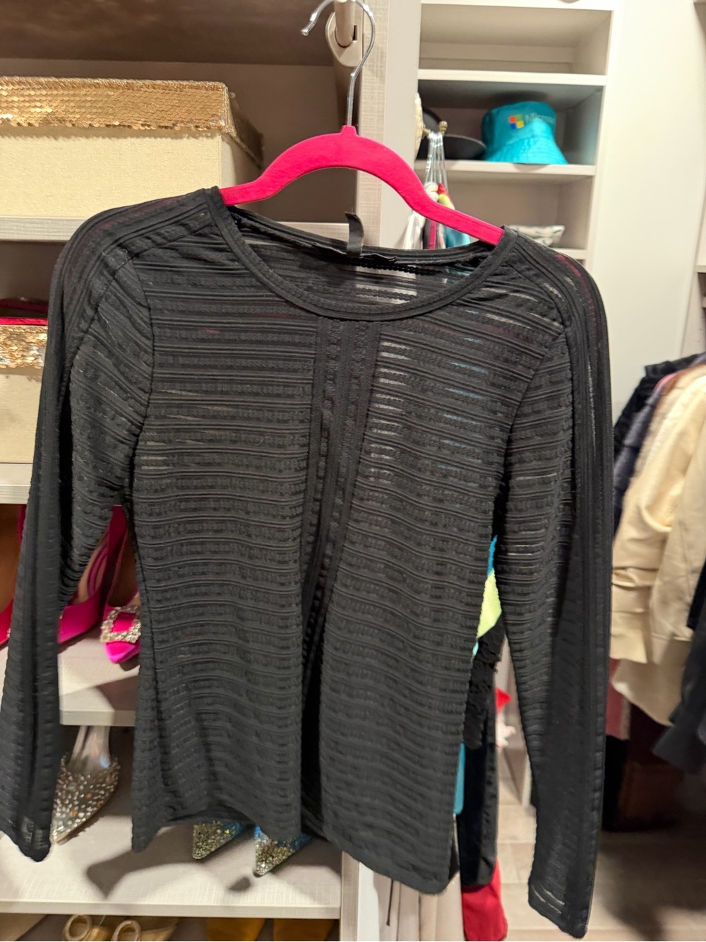 BCBGMaxAzria Black Sheer-Stripe Long Sleeve Top